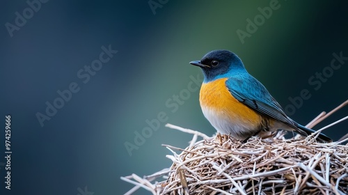  A small blue-and-yellow bird sits atop a mound of dry grass against a backdrop of a blue sky