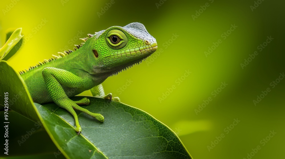 A tight shot of a green lizard atop a verdant branch, surrounded by softly blurred foliage and background A tight shot of a green lizard atop a verdant branch, surrounded by softly blurred foliage and background