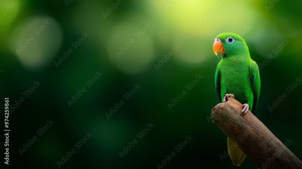 A green parrot sits atop a tree branch against a blurred backdrop of trees A green parrot sits atop a tree branch against a blurred backdrop of trees