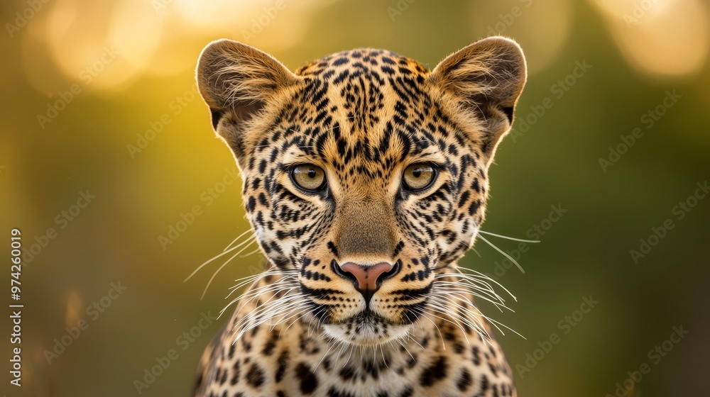 Fototapeta premium A tight shot of a Cheetah's expressive face against a softly blurred backdrop of grass and trees