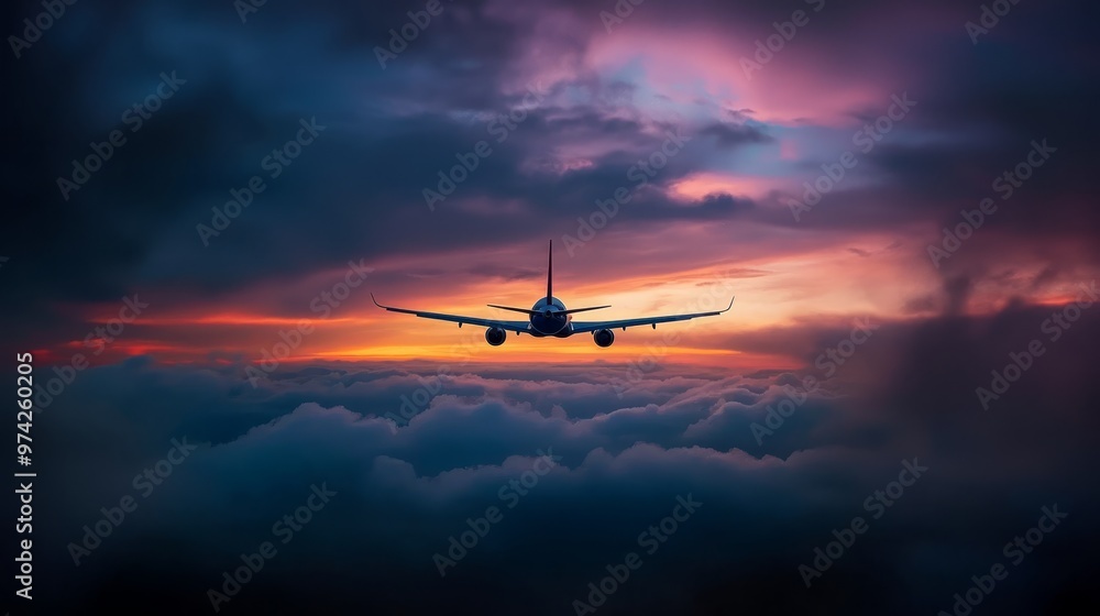 A large jetliner navigates cloud-filled skies above a vast sea of clouds, with the sun setting in the distance A large jetliner navigates cloud-filled skies above a vast sea of clouds, with the sun setting in the distance