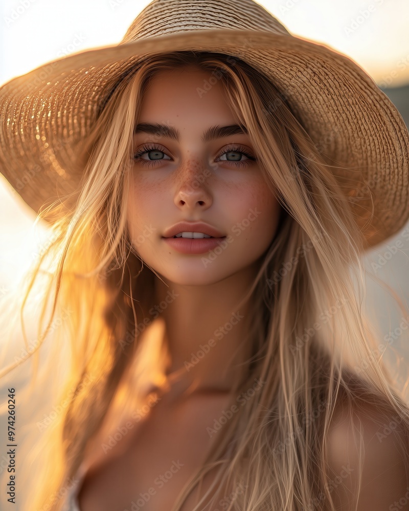 Portrait of a beautiful woman with a straw hat at the beach, front view Portrait of a beautiful woman with a straw hat at the beach, front view