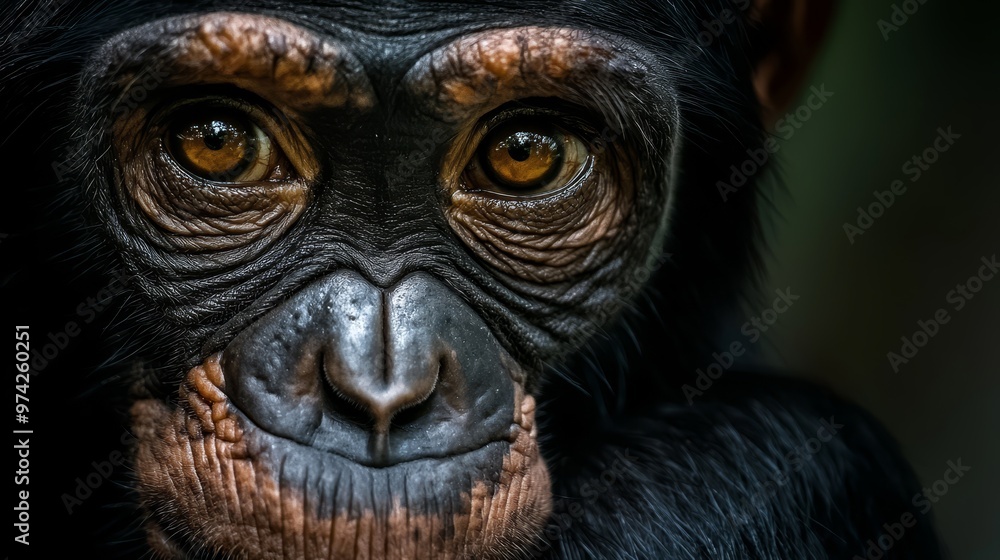 A tight shot of a monkey's expressionive face, its intense gaze fixed with yellow eyes A tight shot of a monkey's expressionive face, its intense gaze fixed with yellow eyes