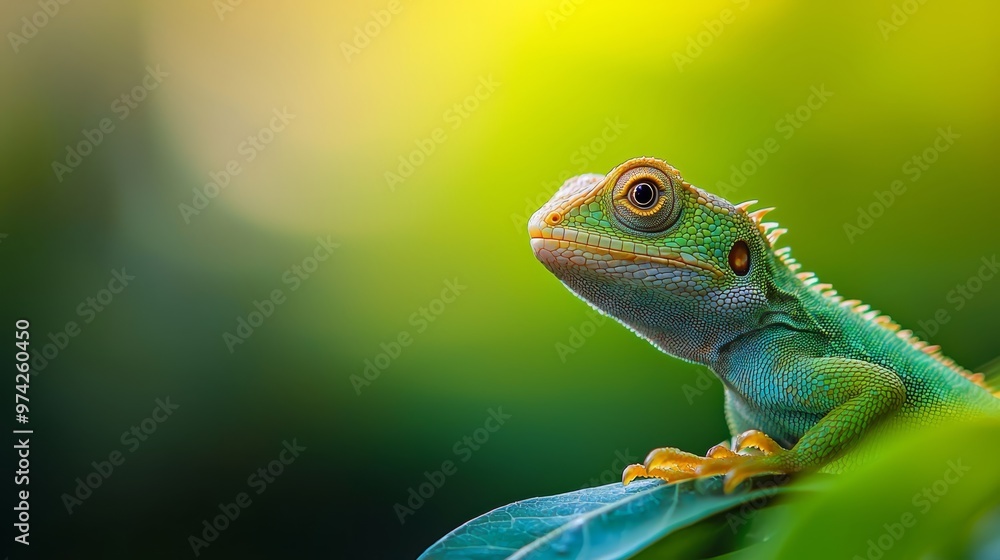 A tight shot of a green-and-yellow lizard atop a verdant leaf against a hazy backdrop of green foliage A tight shot of a green-and-yellow lizard atop a verdant leaf against a hazy backdrop of green foliage