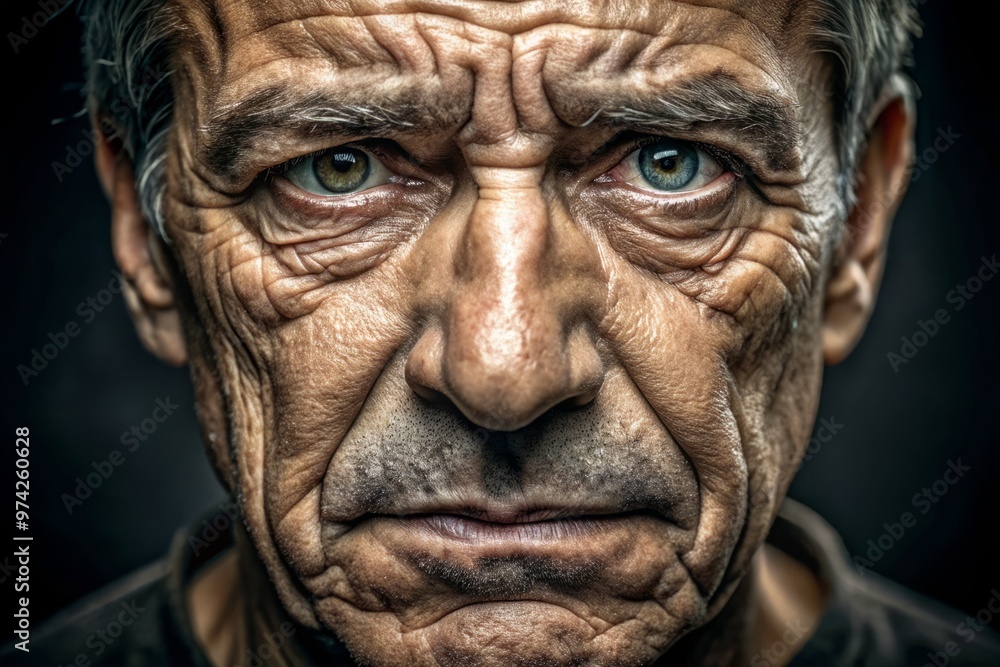 Tortured expression on a worn, weathered face, creased with deep wrinkles, conveying intense emotional pain, distress, Tortured expression on a worn, weathered face, creased with deep wrinkles, conveying intense emotional pain, distress,