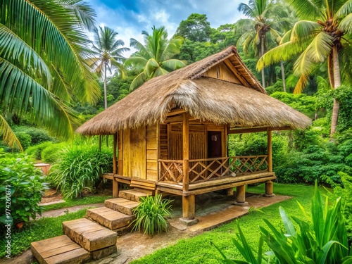 Traditional Filipino nipa hut with thatched roof, bamboo walls, and wooden pillars, surrounded by lush greenery and a photo