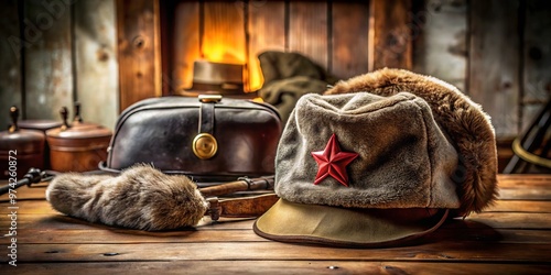 Traditional fur-lined ushanka hat adorned with Soviet-style insignia and earflaps, resting on a rustic wooden table photo