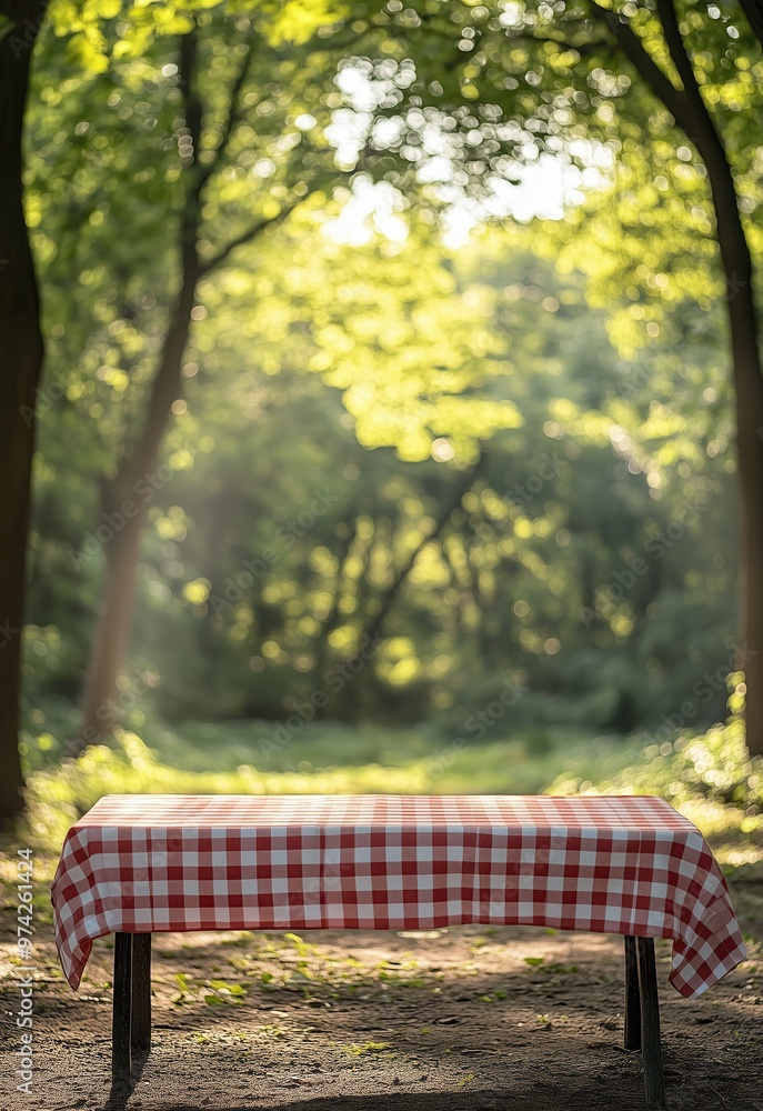A red and white checkered tablecloth on an outdoor picnic background with trees in the blurred forest