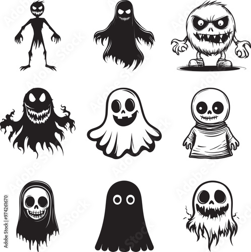 Collection of Cartoon Halloween Ghoul vector silhouette black