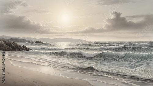 A tranquil coastal scene, with gentle waves rolling onto the shore – a scene that exudes serenity and natural beauty with partly cloudy skies and the warm glow of the rising or setting sun.