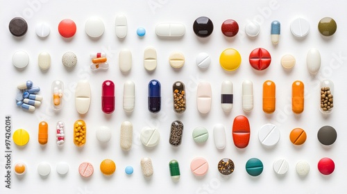 An assortment of different types of pills and capsules arranged in rows on a white background.