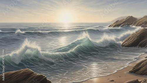 A tranquil coastal scene, with gentle waves rolling onto the shore – a scene that exudes serenity and natural beauty with partly cloudy skies and the warm glow of the rising or setting sun.