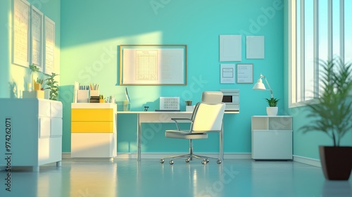 Colorful modern office with white and yellow furniture, a sleek desk, and natural light creating a cheerful, productive workspace.