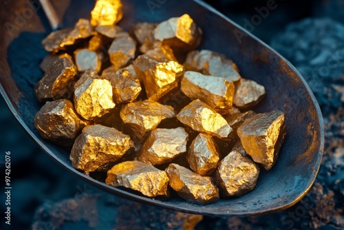 This image showcases rich golden nuggets in an old mining shovel. It captures the historical essence of mining and the inherent value and beauty of gold in its unrefined state. photo