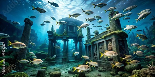 Underwater scene featuring a school of fish swimming amidst a eerie landscape of sunken skeletons, coral, and photo