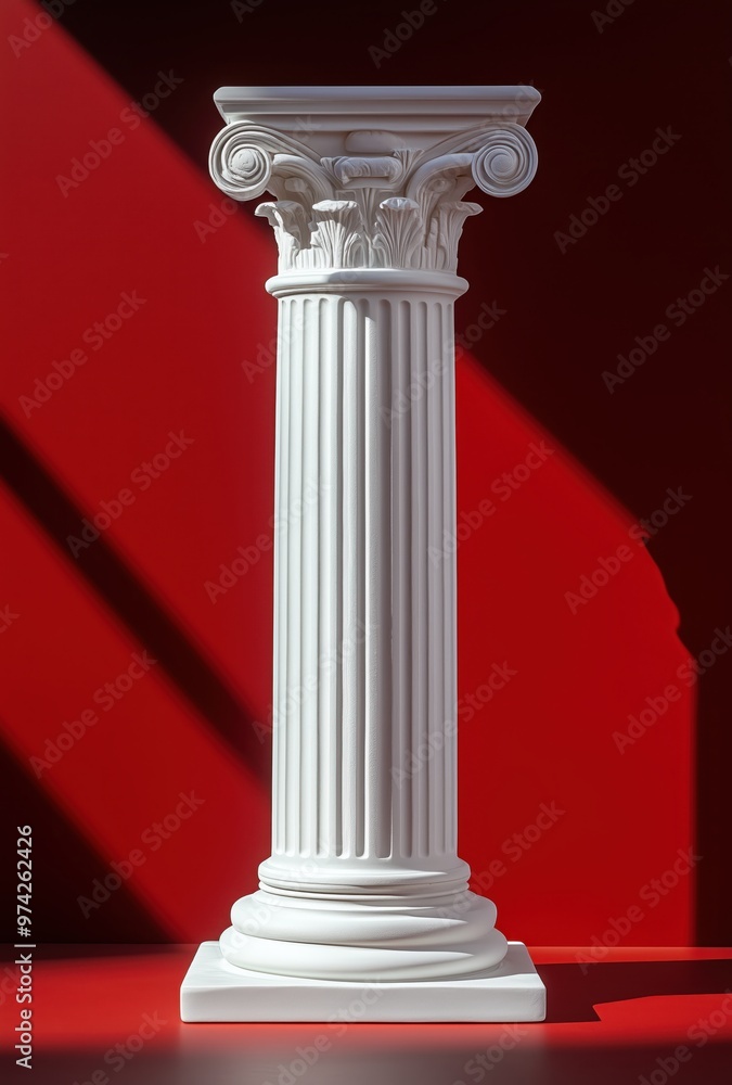 A white Roman column pedestal on a red background, in a minimalist style A white Roman column pedestal on a red background, in a minimalist style
