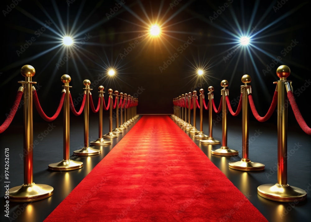 Velvety red carpet unrolls against a midnight black backdrop, studded with golden stanchions, creating a luxurious and Velvety red carpet unrolls against a midnight black backdrop, studded with golden stanchions, creating a luxurious and