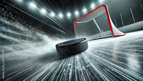 There is a hockey match going on, the puck is flying towards the goal. The puck slides on the ice.