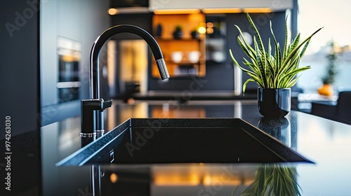 Black kitchen sink and faucet with a plant in the background.