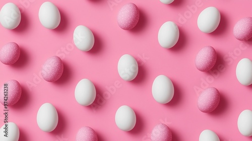 Pattern of pink and white Easter eggs over pink background