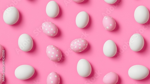 Pattern of pink and white Easter eggs over pink background