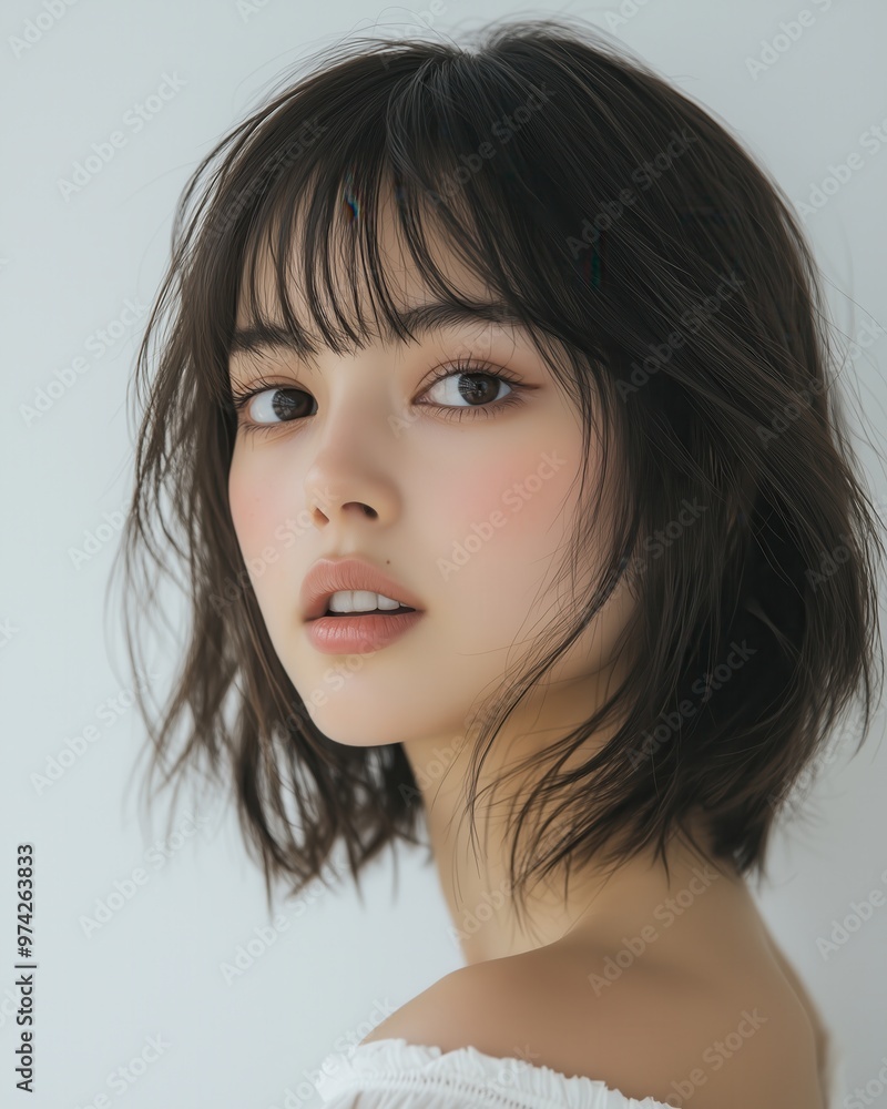 Beautiful portrait of a Japanese woman, set against a white background Beautiful portrait of a Japanese woman, set against a white background
