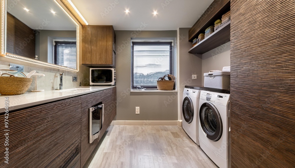 Modern laundry room with sleek appliances and ample storage solutions Modern laundry room with sleek appliances and ample storage solutions