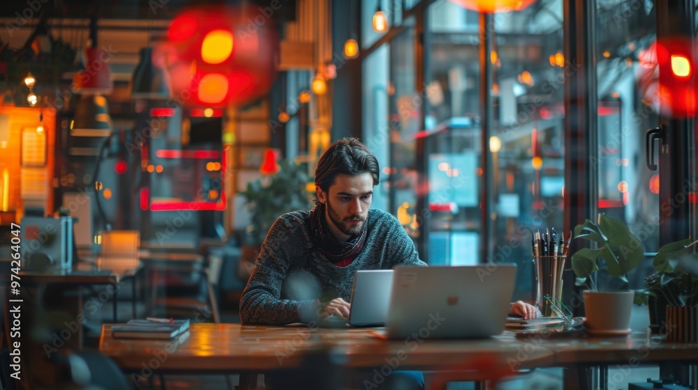 Remote Worker in a High-Speed Internet Enabled Modern Workspace with Vibrant Double Exposure Remote Worker in a High-Speed Internet Enabled Modern Workspace with Vibrant Double Exposure
