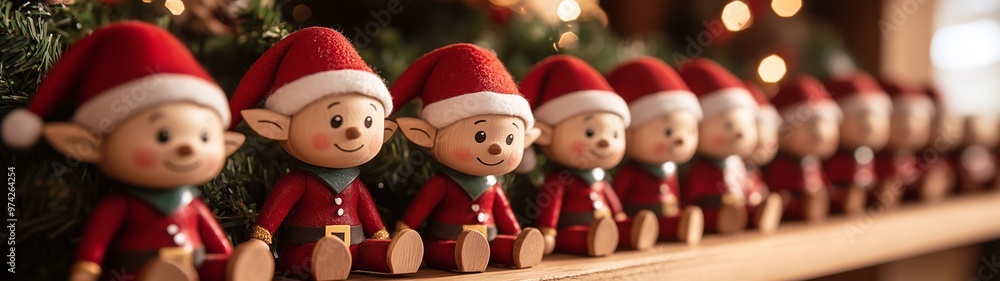 A row of cute, handcrafted wooden Christmas elves sitting on a shelf. Narrow, wide, Christmas theme banner or header. A row of cute, handcrafted wooden Christmas elves sitting on a shelf. Narrow, wide, Christmas theme banner or header.
