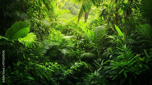 Lush green foliage of a tropical rainforest, creating a vibrant and picturesque background.