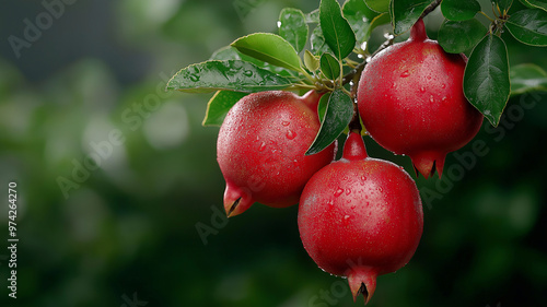 Fresh pomegranate fruits hanging on branch, glistening with dew