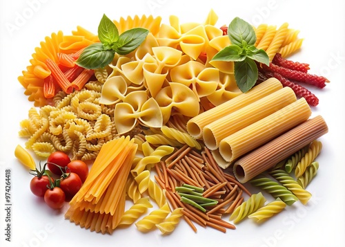 Vibrant arrangement of assorted pasta shapes, including spaghetti, fusilli, penne, farfalle, and rigatoni, against a photo