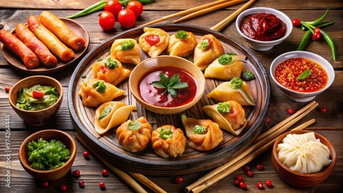 Vibrant arrangement of bite-sized Chinese delicacies, including dumplings, spring rolls, and wontons, on a traditional