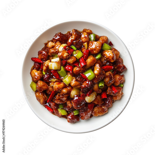 Kung Pao chicken in a white plate, Sichuan style food, Chinese food, isolated on white transparent background, menu photography, food photography photo