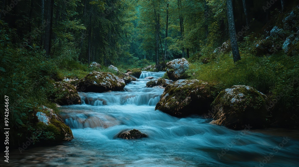 Naklejka premium Enchanting Woodland Stream: A Serene Cascade in the Heart of Nature