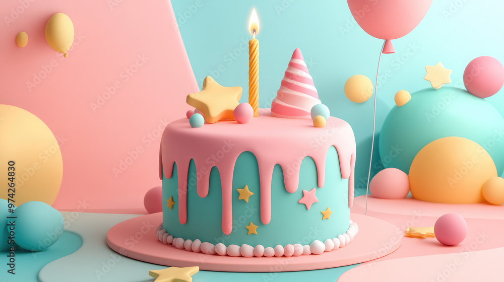 A pastel-themed 3D birthday cake with sleek icing and a single candle is accented by cute, tiny 3D decorations for a playful touch. A pastel-themed 3D birthday cake with sleek icing and a single candle is accented by cute, tiny 3D decorations for a playful touch.