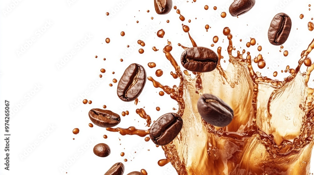 Coffee beans splashing in a brown liquid, creating a dynamic and abstract composition. Coffee beans splashing in a brown liquid, creating a dynamic and abstract composition.