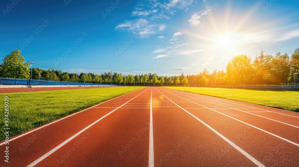 A flawless running track with neat lanes, capturing the anticipation before a major athletic event, bathed in sunlight. A flawless running track with neat lanes, capturing the anticipation before a major athletic event, bathed in sunlight.