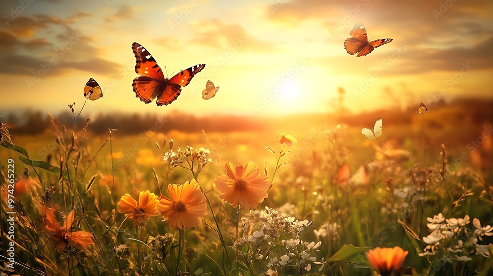 Sunset Butterflies in a Meadow Sunset Butterflies in a Meadow