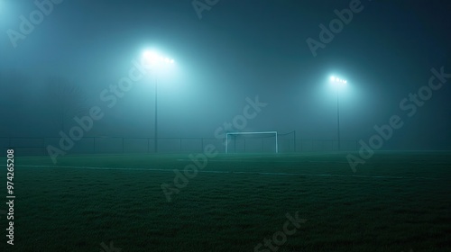 A foggy night at a sports field, glowing goal posts in the distance, with the quiet atmosphere enhanced by illuminated floodlights.