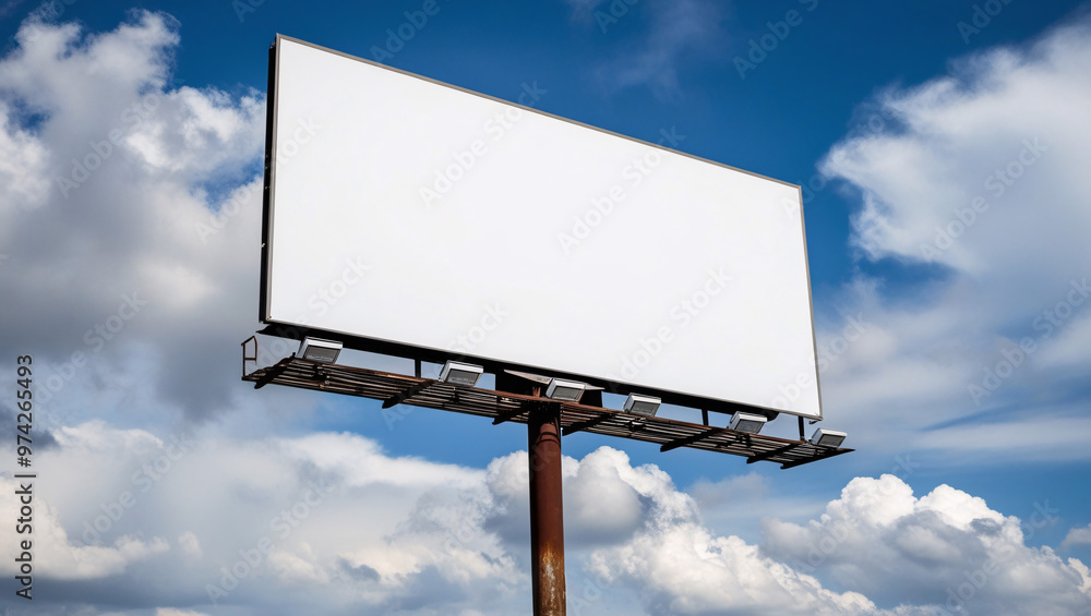 Blank White Billboard Against a Partly Cloudy Sky, Blank billboard XL, Blank billboard at blue sky background Blank White Billboard Against a Partly Cloudy Sky, Blank billboard XL, Blank billboard at blue sky background