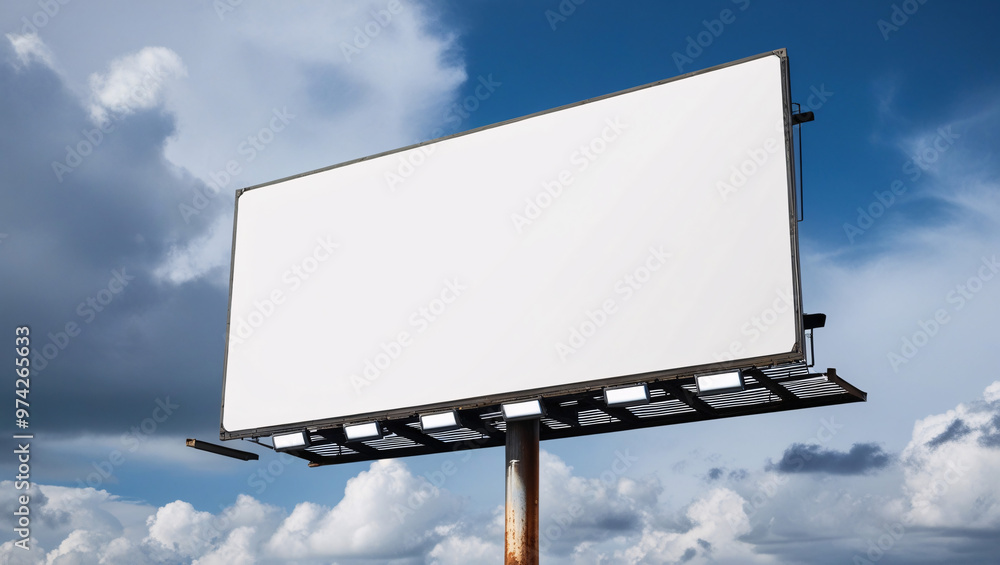 Blank White Billboard Against a Partly Cloudy Sky, Blank billboard XL, Blank billboard at blue sky background Blank White Billboard Against a Partly Cloudy Sky, Blank billboard XL, Blank billboard at blue sky background