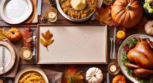 A decorated Thanksgiving dinner table set with traditional dishes
