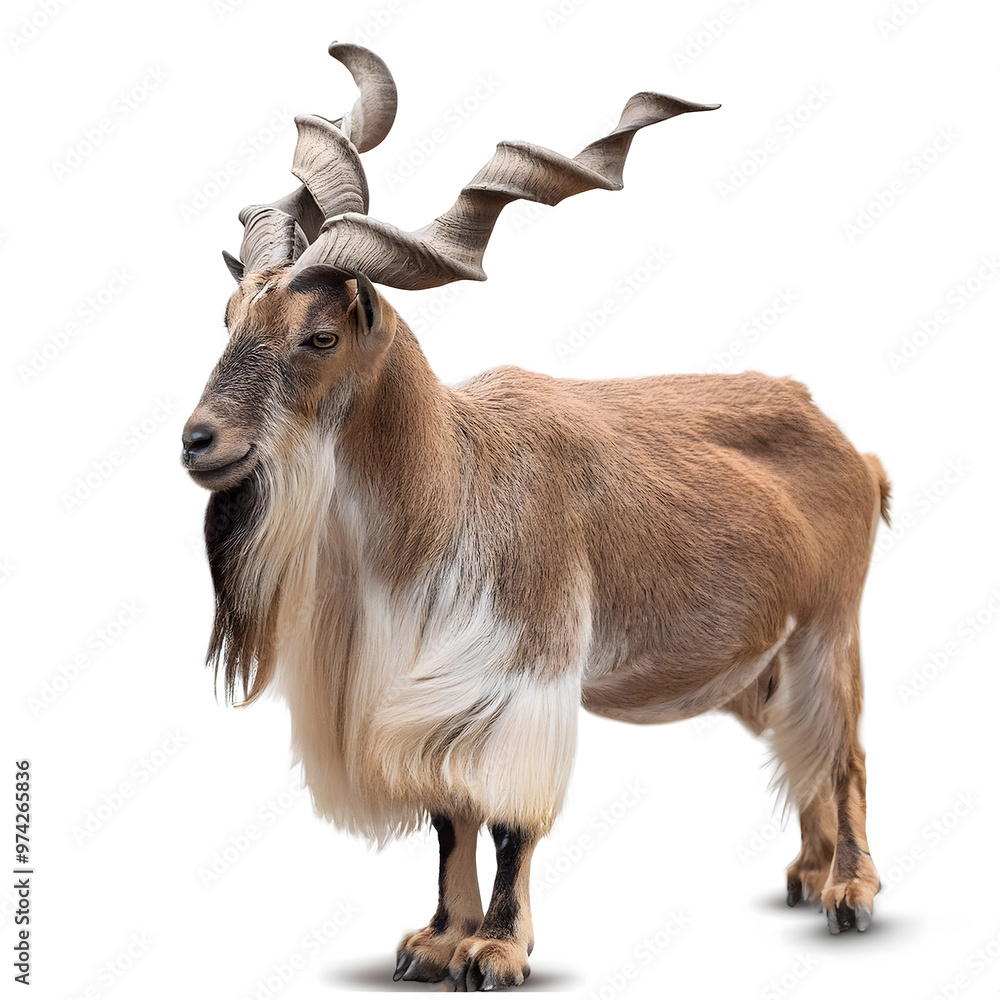 Markhor (Capra falconeri) mountain male goat full long swirly, curly, spiral horns strong body golden brown colour side view realistic Markhoor HD image. Asian Pakistan, isolated on a white background Markhor (Capra falconeri) mountain male goat full long swirly, curly, spiral horns strong body golden brown colour side view realistic Markhoor HD image. Asian Pakistan, isolated on a white background