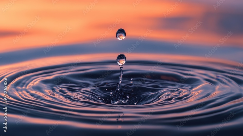 Water Drop Splashing into Still Water with Sunset Reflection Water Drop Splashing into Still Water with Sunset Reflection