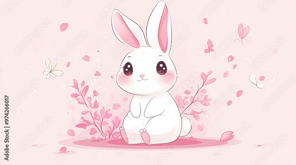 Cute Cartoon Bunny Rabbit with Pink Flowers and Butterflies Cute Cartoon Bunny Rabbit with Pink Flowers and Butterflies