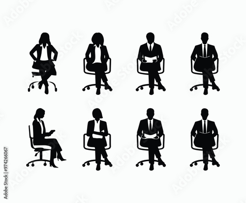 Business people sitting  men and women silhouette EPS vector art illustration template 