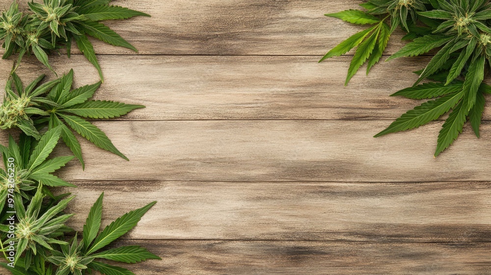 Green marijuana leaves on wooden background with copy space. Green marijuana leaves on wooden background with copy space.