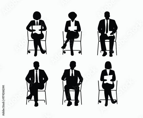 Business people sitting  men and women silhouette EPS vector art illustration template 