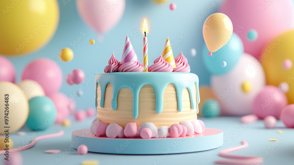 A sleek pastel 3D birthday cake with a single candle and tiny 3D decorations captures a playful yet refined birthday aesthetic. A sleek pastel 3D birthday cake with a single candle and tiny 3D decorations captures a playful yet refined birthday aesthetic.